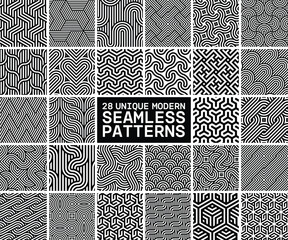Vector set of 28 geometric linear patterns. Collection of seamless modern textures for your design.