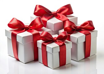 Obraz premium Panoramic White Gift Boxes with Red Ribbons - Elegant Holiday Background Image