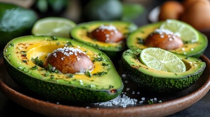 Close-up of Halved Avocados Seasoned with Salt and Lime
