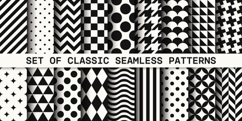 Set of 18 classic vector geometric patterns. Collection of seamless modern textures for your design.