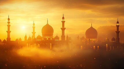 Majestic mosque sunset, golden hour, peaceful landscape, religious tourism