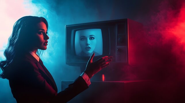 Woman interacts with a vintage television displaying a face