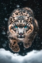 Fototapeta premium Snow leopard leaping dynamically through a snowy landscape during a snowstorm, emphasizing its powerful physique and striking blue eyes.