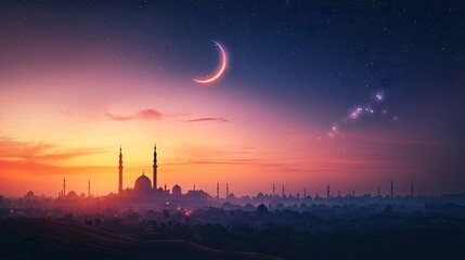 Crescent moon, cityscape sunrise, Ramadan celebration, Middle East