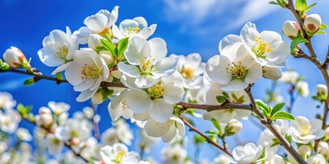 Obraz premium Quince Blossom Photography: White Flowers, Blue Sky, Fruit Tree Spring Bloom