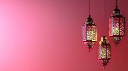 Obraz premium Ramadan lanterns hanging, pink background, festive celebration