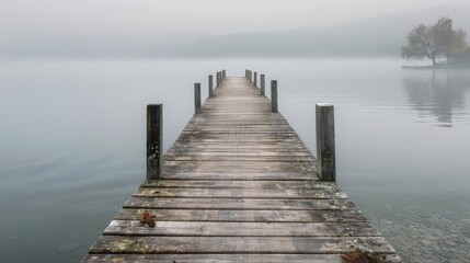 Fototapeta premium A serene wooden dock extending into a misty lake, creating a tranquil atmosphere.