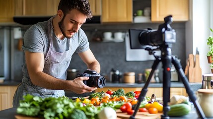 Young Man Films Cooking Show With Fresh Vegetables