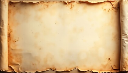 Fototapeta premium Aged parchment scroll shows vintage texture. Antique paper sheet uneven edges, distressed look. Vintage material great for historical theme retro design. Blank surface suitable for copy space design.