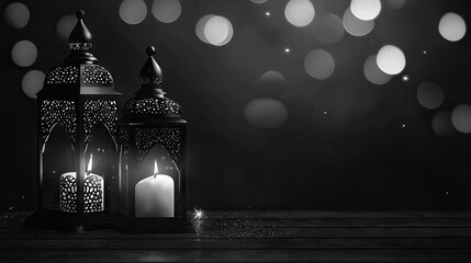 Fototapeta premium Festive Ramadan lanterns, candles, bokeh background; greeting card