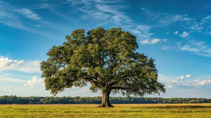 Fototapeta premium A solitary tree stands majestically in a wide-open field under a blue sky.