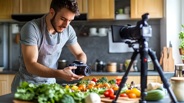 Young Man Films Cooking Show With Fresh Vegetables
