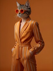Obraz premium orange cat fashion model 냥냥이 선글라스 오렌지 패셔너블 스트라이프 suit trend 트렌드세터 패션모델 고양이 야옹이 고영희 background stripes jacket pants pose 화보 포즈 trendsetter