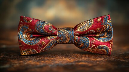 Red paisley bow tie on rustic wood, blurred background, fashion