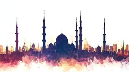 Fototapeta premium Arabian city skyline sunrise, mosque silhouette, travel poster