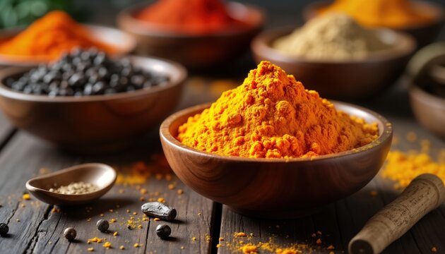 Close up view of various spices in wooden bowls on rustic wooden surface. Turmeric powder prominently featured in bowl. Black peppercorns, cumin also present. Healthy, aromatic natural ingredients