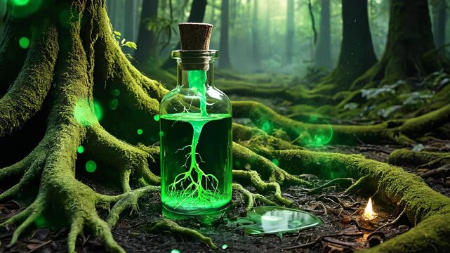 Enchanted Forest Potion: A Mystical Elixer in a Glass Bottle