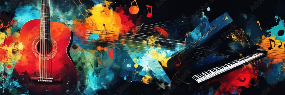 Poster Creative energy flows through guitars and pianos with scattered notes and vibrant colors in an artistic expression of music. Generative AI