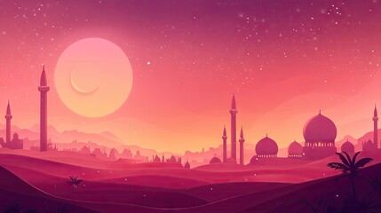Obraz premium Desert City Sunset Arabian landscape at dusk, stars and crescent moon. Travel, tourism, and cultural backgrounds