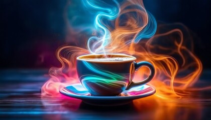 A vibrant, glowing cup of coffee emits colorful steam, creating a captivating visual effect against a dark background.