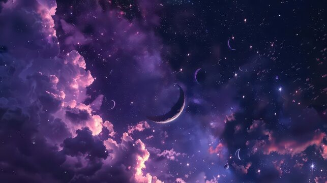 A vibrant cosmic scene filled with colorful clouds and crescent moons.