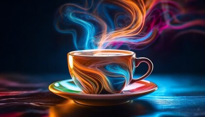 A vibrant cup of coffee emits colorful steam against a dark background, creating a visually captivating and artistic effect.