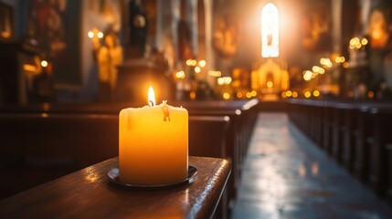 A Single Lit Candle in a Church
