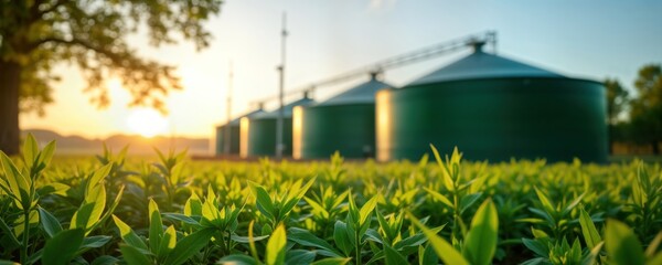 Rural countryside landscape with biogas plant. Green tanks for biofuel production visible in background. Rich green plants in foreground. Sunny sunrise atmosphere. Sustainable energy production from