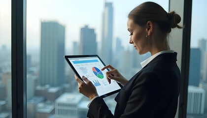 businesswoman analyzing insurance data on tablet with city skyline