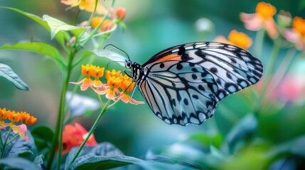 Obraz premium A butterfly perched on vibrant flowers in a lush garden setting.