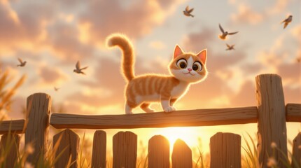 Cute orange kitten on wooden fence at sunset, adorable cartoon cat illustration