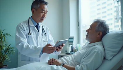 doctor explains treatment options to patient using tablet in hospital room