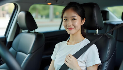 young woman fastening her seat belt in car, promoting safety and confidence