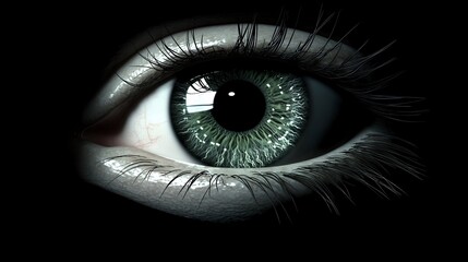 Fototapeta premium Close-up of a mesmerizing green eye in the dark.
