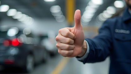 person giving thumbs up in garage, expressing satisfaction and quality