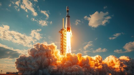 Rocket Launch Sunrise Spaceflight, fiery exhaust, clouds