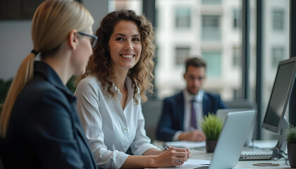 Obraz premium Professional women discussing in modern office, showcasing teamwork and collaboration. Their expressions reflect positivity and engagement