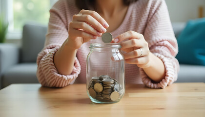 Young woman putting coins in glass jar, saving money for future goals