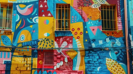 Obraz premium Vibrant mural featuring abstract shapes and colors on a brick wall.