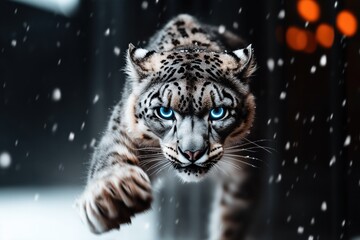 Fototapeta premium Snow leopard lunging forward in a snowy setting, with piercing blue eyes and powerful motion, captured in dynamic perspective.