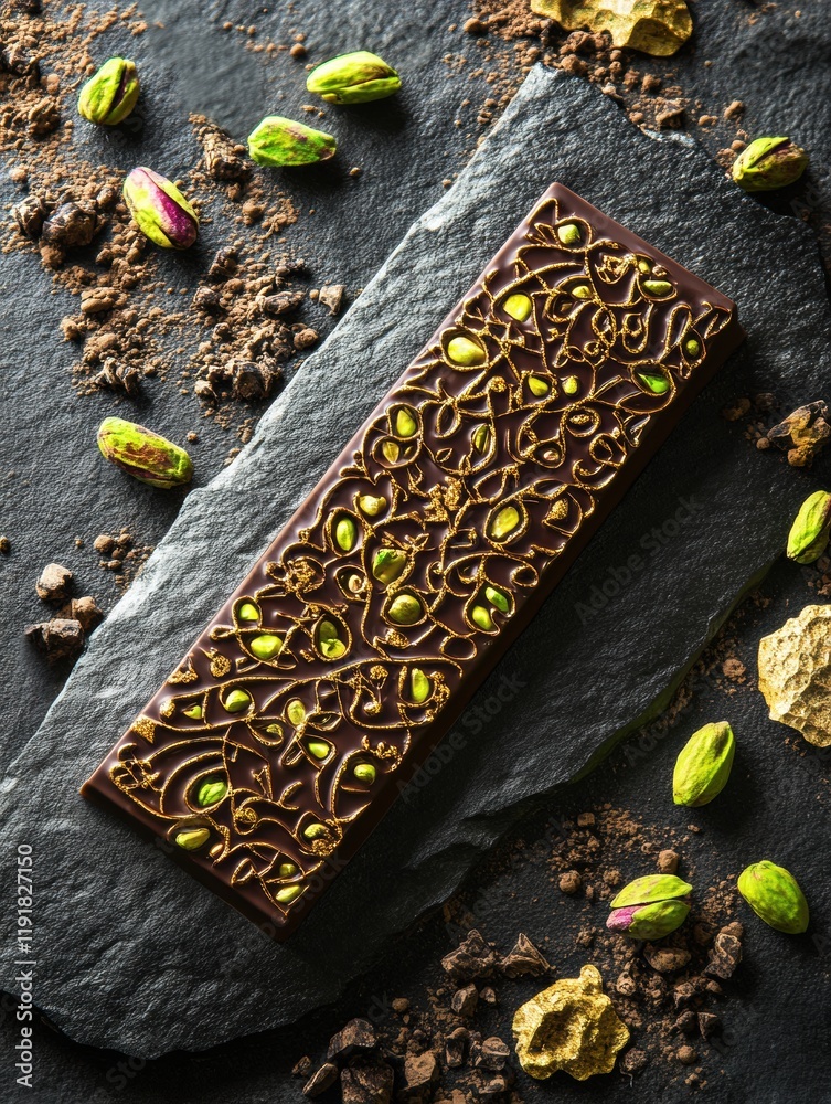 Poster pistachio filled chocolate bar adorned with intricate arabesque patterns and elegant golden embellis