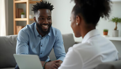 Fototapeta premium man and woman engage in friendly conversation, sharing smiles and ideas in cozy setting. Their connection reflects warmth and collaboration