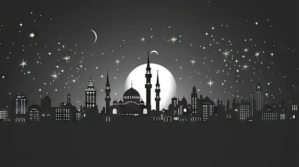 Night city skyline, crescent moon, stars, Islamic architecture, greeting card