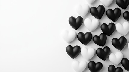 Fototapeta premium Black and white hearts on white background; love, contrast, design, greeting card