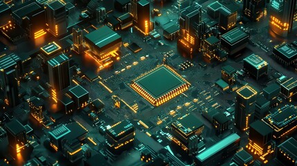 Quantum computer, large data processing, database concept. CPU isometric banner. Central Computer Processors CPU concept.Digital chip