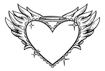 Hand Drawn Grunge Angel Heart with Wings and Stars
