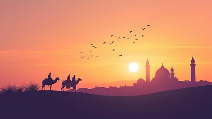 Fototapeta premium Desert sunset, camel riders approach mosque. Religious travel, greeting card