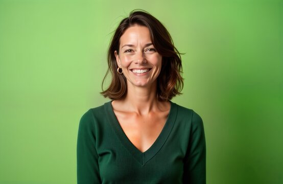 Cheerful middle-aged woman smiles warmly in studio. Portrait shot against plain green background. Attractive woman in casual green sweater. Pro, friendly expression. Mid-life beauty, casual style.