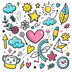 A set of hand-drawn doodle icons including hearts, stars, clouds, arrows, flowers, and other whimsical elements  with white background
