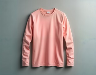 Pink long-sleeve t-shirt mockup. Fashionable apparel design template. Isolated on gray background. Empty product mock-up for marketing fashion store. Retail ready. Realistic 3D mockup design.